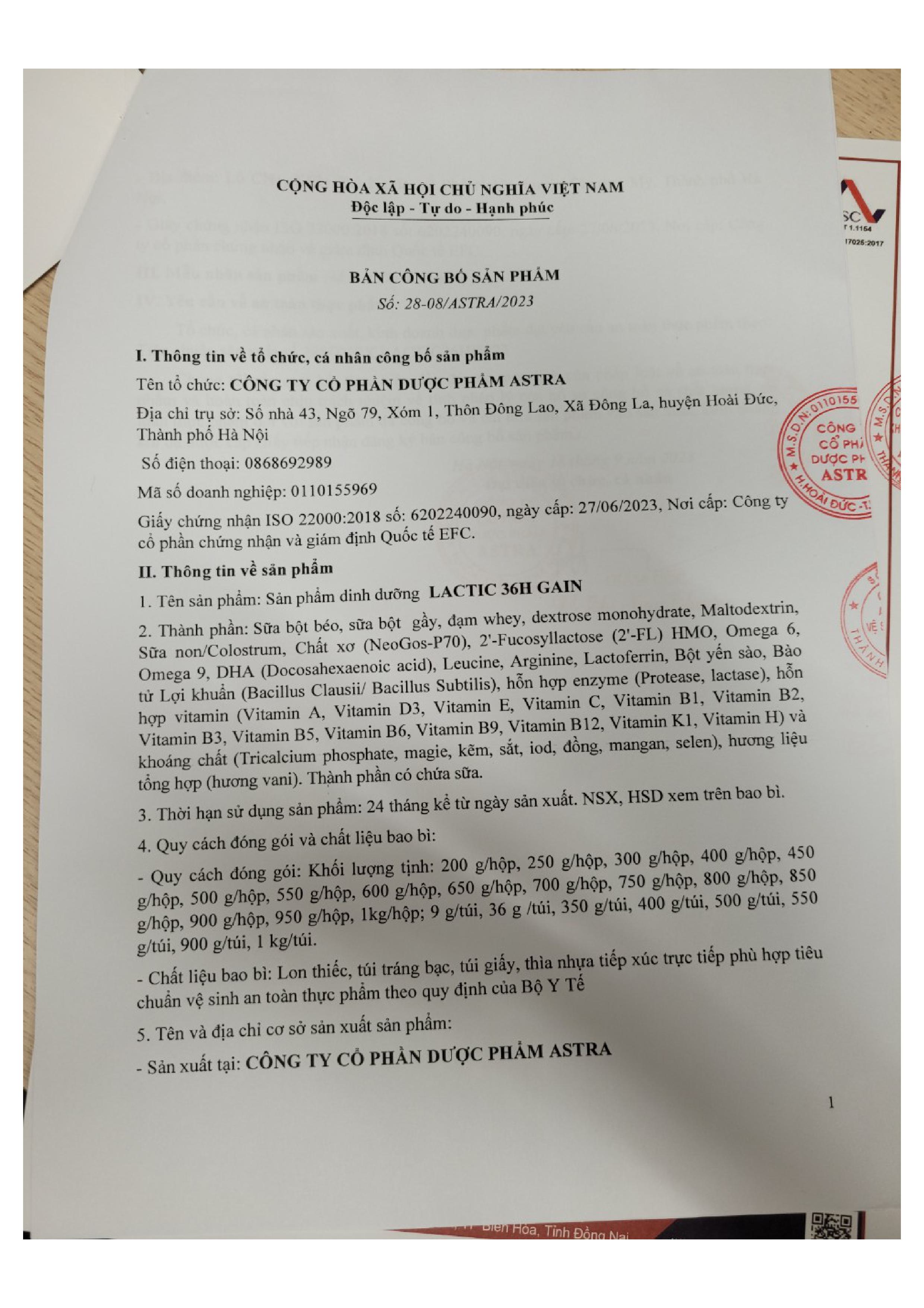 Sữa bột Lactic 36h Gain - từ 1 tuổi trở lên