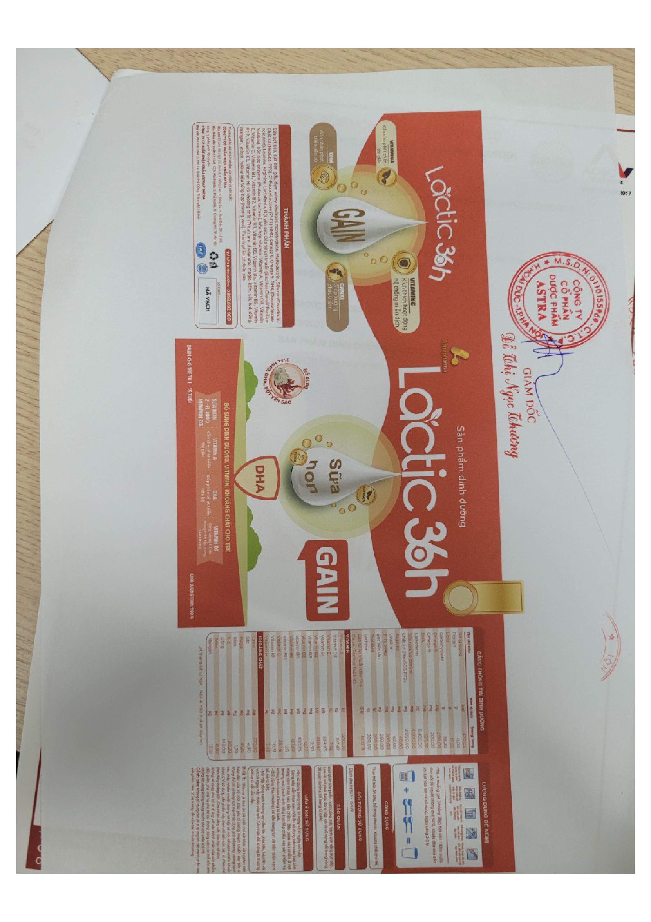 Sữa bột Lactic 36h Gain - từ 1 tuổi trở lên