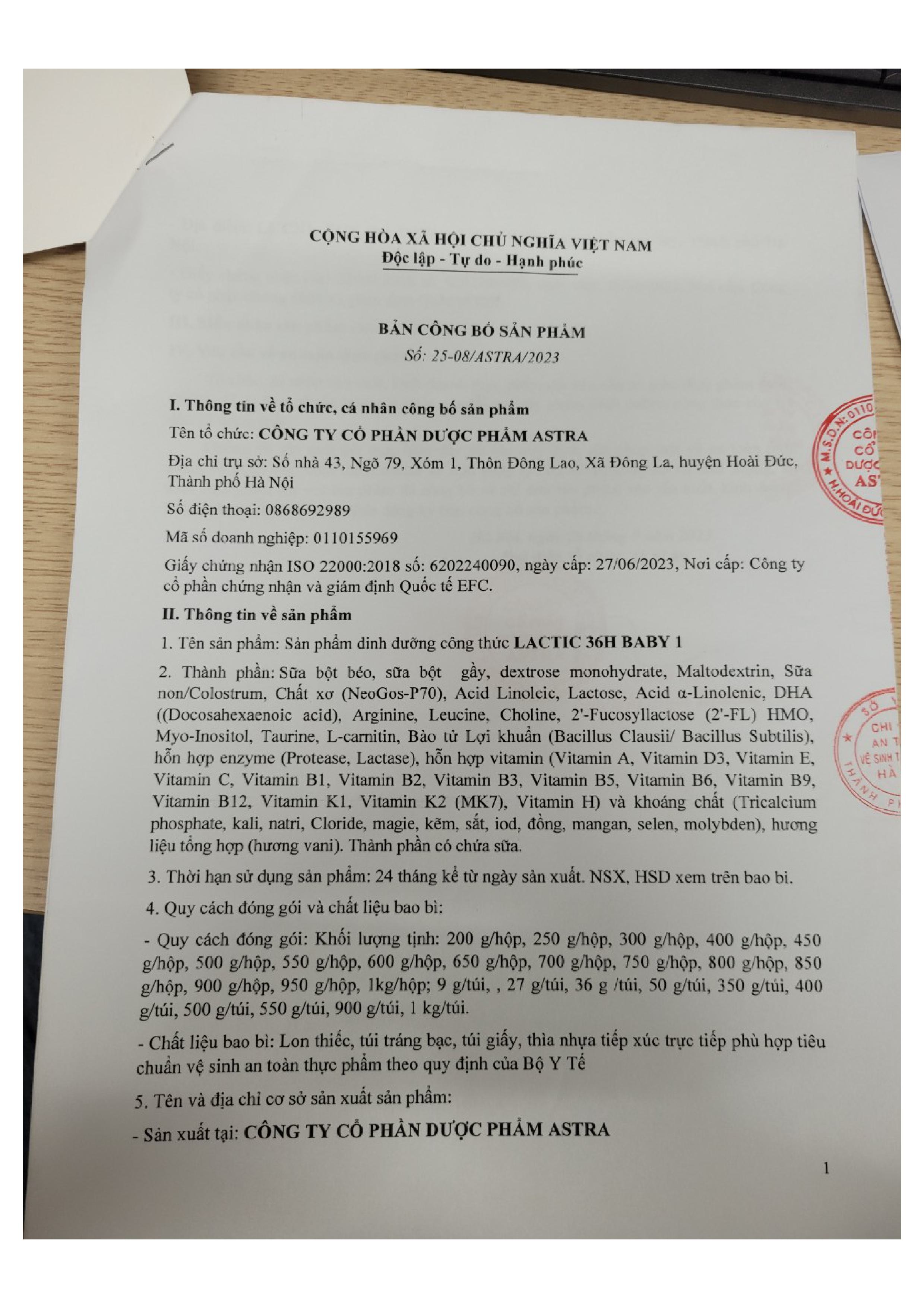 Sữa bột Lactic 36h Baby - từ 0 đến 12 tháng tuổi